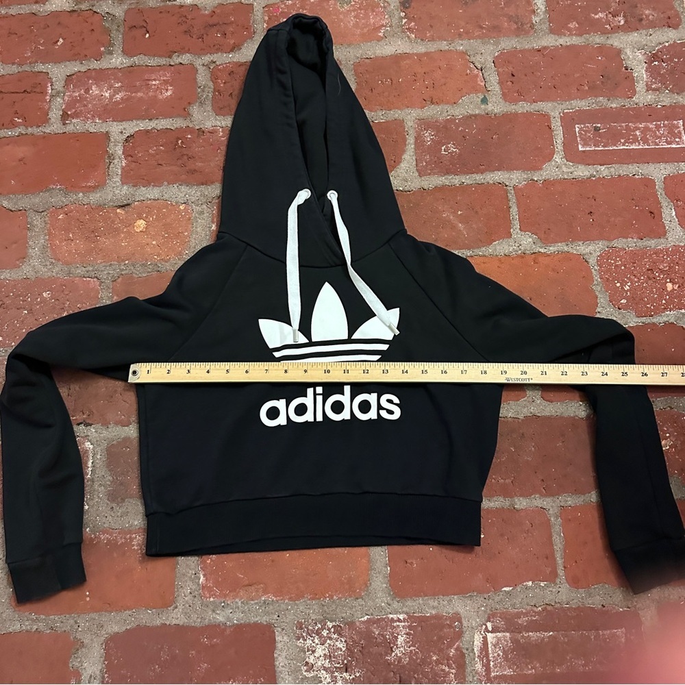 Adidas Trefoil Logo Cropped Hoodie Black White Womens Small Long Sleeve Cotton - Picture 6 of 16